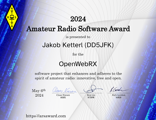 Certificate of the 2024 Amateur Radio Software Award - Jakob Ketterl (DD5JFK) - OpenWebRX